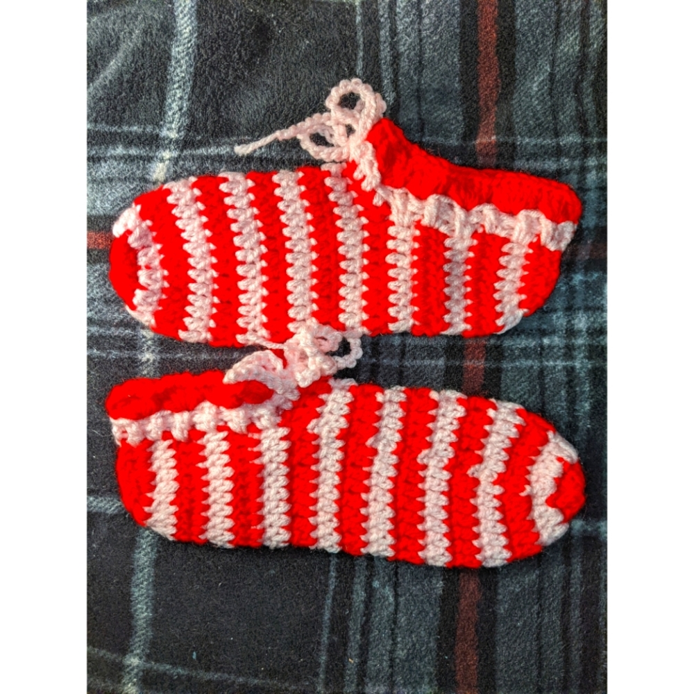 Handmade Crochet Pink/Red Stripe Slippers
